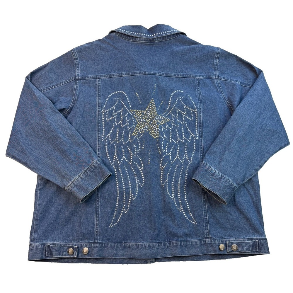 Vintage Y2K Quacker Factory 1X Denim Jacket Rhinestone Angel Wings Star Bling